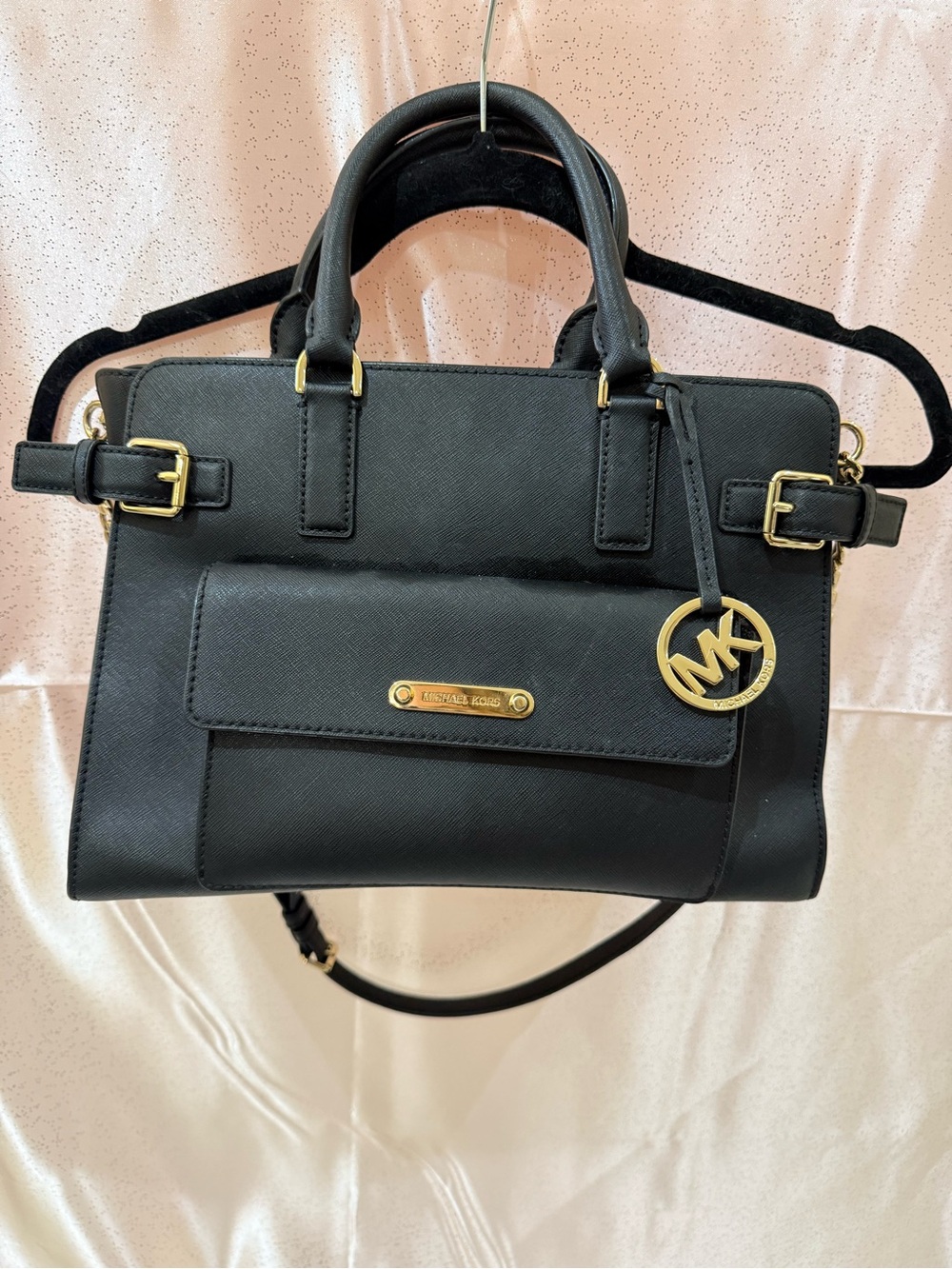Michael Kors Black Saffiano Leather Satchel with Gold Hardware Charm